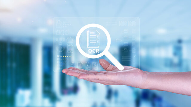 OCR technology concepts. using AI powered OCR with virtual interface, representing intelligent document scanning, text recognition, automation processing tools. not ai