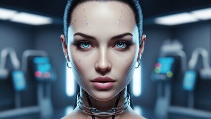 A captivating portrait of a futuristic cybernetic woman with glowing blue eyes embodying advanced