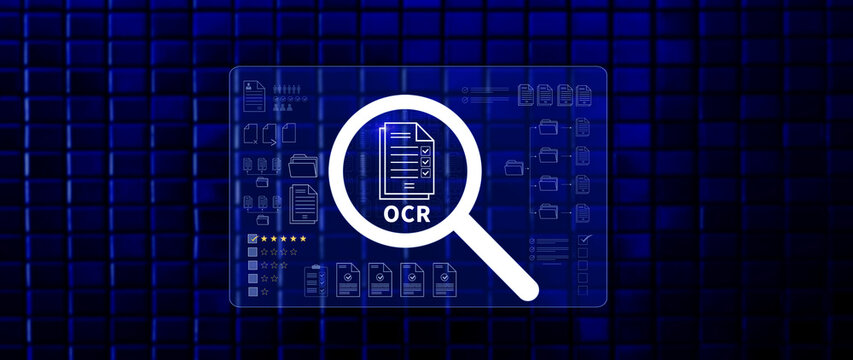 OCR technology concepts. using AI powered OCR with virtual interface, representing intelligent document scanning, text recognition, automation processing tools. not ai