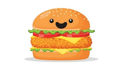 Cartoon Chicken Burger with Happy Face.