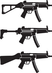 Gun ak 47 silhouette set, silhouette of an AK 47 assault rifle weapon, collection of various realistic firearms, assult rifles, sniper rifles, shotguns, guns set silhouette on a white background