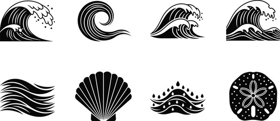 Ocean wave icon set featuring surf, shells, sand dollar, and abstract water symbols in minimal black and white vector style © Nayan Stock