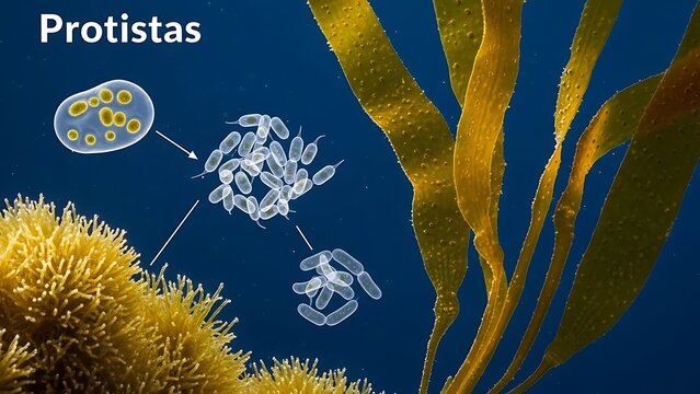 Microscopic view of protistas and seaweed underwater ocean