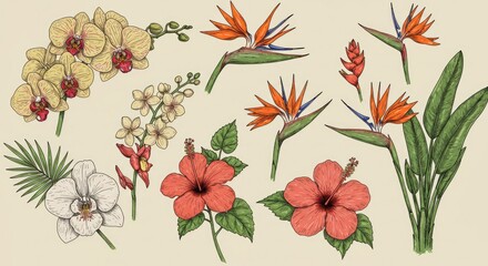 Fototapeta na wymiar Floral illustration featuring various tropical flowers and foliage elements