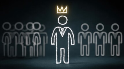 Hand Drawn Illustration of Figure with Crown Surrounded by Silhouettes Representing Leadership and Authority Themes