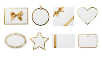 White and gold gift tag set including star, heart, oval, and rectangular shapes with ribbon bows isolated. Luxury greeting labels for holidays and anniversaries.