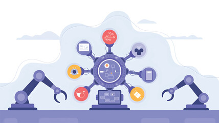 Robotic arms surround a computer with a circuit board, machinery, and automation 