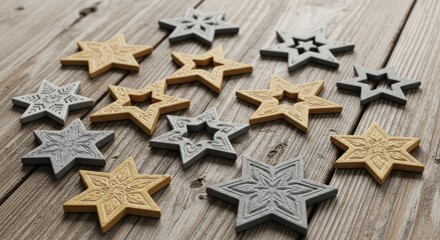 Collection of metallic star-shaped cookies on a rustic wooden table with a mix of gold