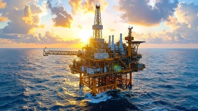 Offshore oil rig platform stands against a vibrant sunset, extracting resources.