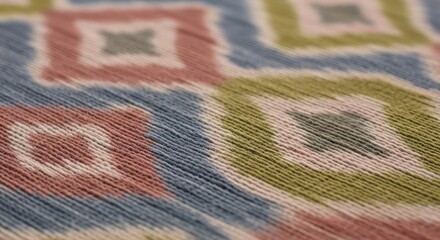 Close-up of a colorful geometric patterned fabric with red, green, blue, and white hues.