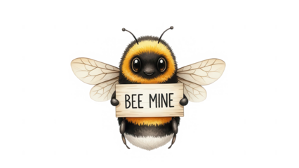 Cute fluffy bumblebee holding a "bee mine" sign for valentine's day or a sweet message isolated on transparent background