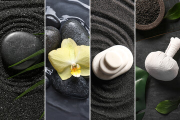 Collage of spa stones on dark background