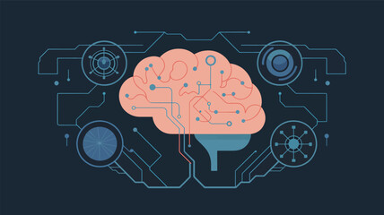 Pink brain with blue circuits and wires on dark background technology innovation design