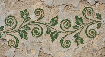 Close-up of a green leafy vine design on a weathered, beige stone wall with peeling