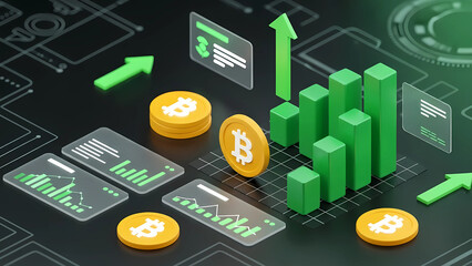 3D Holographic Crypto Surge | Futuristic Golden Coin Charts with Upward Green Trends, Bitcoin bullish
