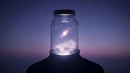 Galactic Thought Vessel | Surreal Figure with Universe-Filled Glass Jar Head in Cosmic Twilight