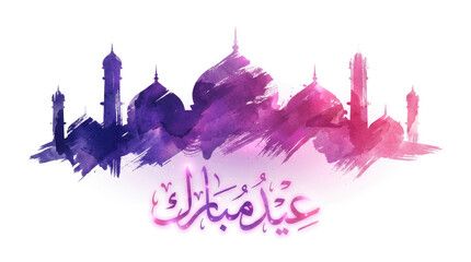 Eid mubarak silhouette of a mosque with multiple domes and towers in shades of purple pink and blue with arabic script below
