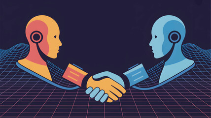 Two robotic heads shaking hands on grid background robots humanoid robots handshake futuristic