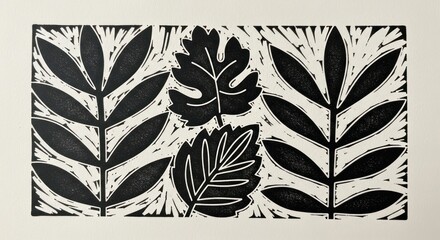 Monochromatic illustration of four stylized leaves on a beige background with bold black