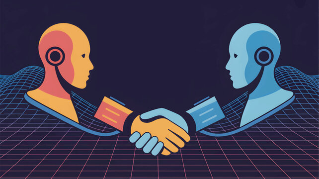 Two robotic heads shaking hands on grid background robots humanoid robots handshake futuristic