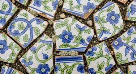 Close-up of broken blue and green floral ceramic tiles on a brown background