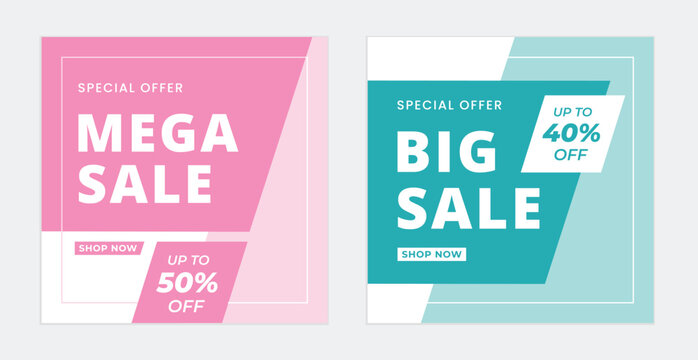 Mega Sale and Big Sale Banner Set, Modern Pink and Green Pastel Background. Special Offer Promotion Template. Suitable for social media posts, marketing ads, web and more