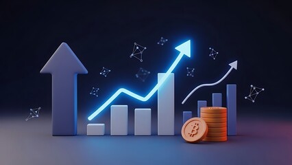 Bitcoin growth chart with upward trend arrows and molecular structures cryptocurrency graph