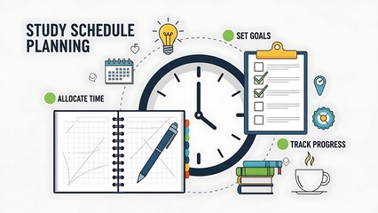 Study schedule planning infographic with clock notebook and books