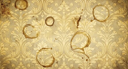 Close-up of coffee rings on a vintage gold floral patterned wallpaper background.