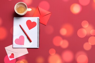 Envelopes with notebook, paper hearts and cup of coffee on red background with space for text. Valentine's day celebration