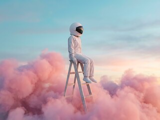 Fototapeta premium An astronaut sits peacefully atop a ladder amidst swirling colorful clouds bathed in the soft glow of a dreamy pastel sky