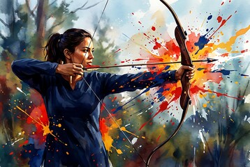 A vibrant painting depicts a focused archer drawing back a bow surrounded by an explosion of colorful paint splatters and artistic flair