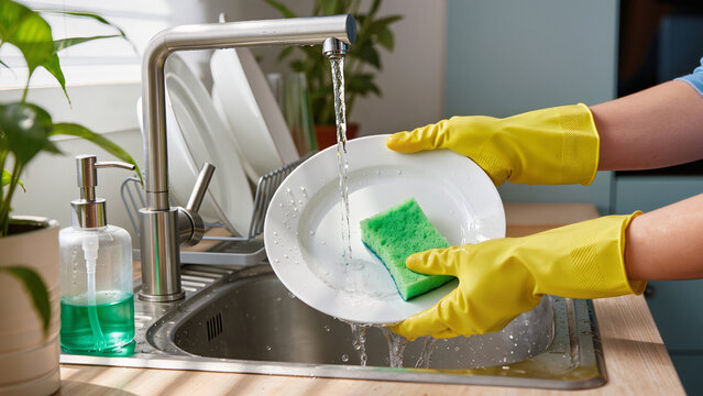 cleaning the dishes, She wears protective rubber gloves, Surfaces are shiny and clean, A microfiber cloth is effective, Home maintenance is very important, Housework is done with care