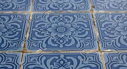 Close-up of blue and white floral patterned tiles with gold grout