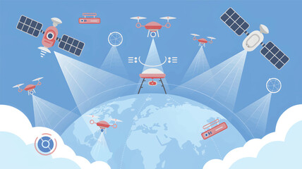 Drones, satellites orbiting Earth with solar panels and radar systems
