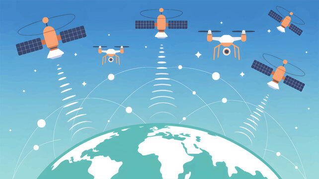 Satellites and drones communicating over the Earth using communication technology