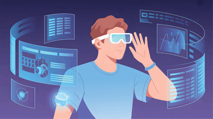 Man wearing virtual reality goggles and interacting with digital screens VR goggles futuristic