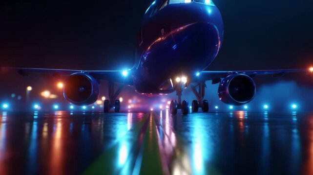 A striking perspective of a modern airplane illuminated by vibrant lights on a wet runway at night, showcasing its sleek design and advanced technology as it prepares for takeoff amidst a dramatic