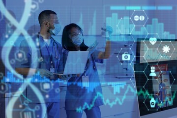 Double exposure of virtual screen and doctors analyzing scientific data in laboratory