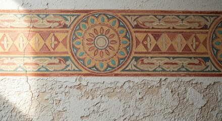 Close-up of a colorful, ornate border design on a textured wall with a mix of earthy