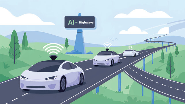 Autonomous vehicles driving on A I highways with wireless connectivity self-driving cars AI highways