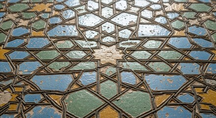 Close-up of a colorful mosaic floor with blue, green, and yellow tiles in a geometric