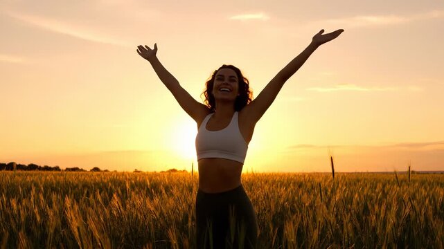 Happy woman celebrating life in golden field at sunset. Joy and freedom expressed through raised arms. Beautiful nature scenery enhances positive vibes.