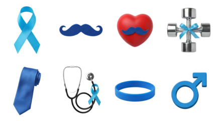 Men's health awareness set including blue ribbon, mustache, heart, dumbbells, tie, stethoscope, and gender symbol isolated. Prostate cancer and medical campaign collection.