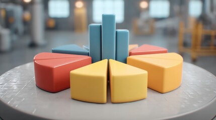 Colorful Animated Pie Chart in 3D Rendering with Vibrant Shapes and Playful Design for Data Visualization