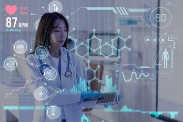 Double exposure of virtual screen and doctor analyzing scientific data in laboratory