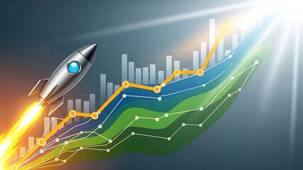 Silver rocket launching on orange line graph with green blue and white charts business finance