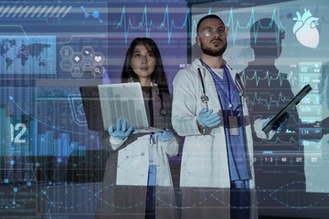 Double exposure of virtual screen and doctors analyzing scientific data in laboratory