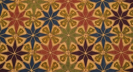 Vibrant geometric pattern of colorful flowers and leaves on a repeating background with