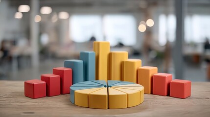 Colorful Geometric Shapes Displayed in a Modern Workspace Setting with Blurred Backgrounds and Soft Lighting